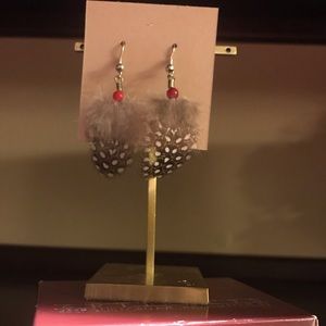 Handmade Feather Earrings NWT with Red Bead Accent